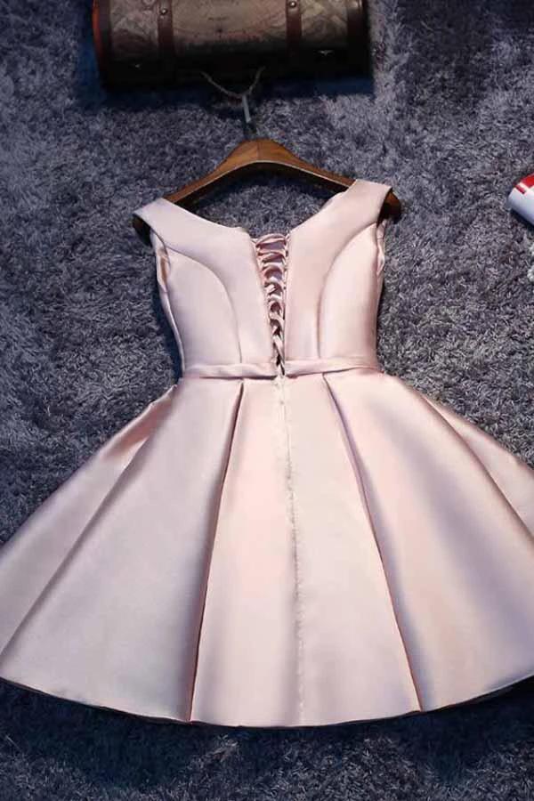 Pink A-line Lace-up Satin Short Homecoming Dress Party Dress  PD046 - Image 3