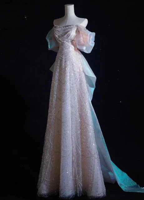 Pink A-Line Off-Shoulder Tulle Sequins Beaded Long Prom Dress Formal Evening Dress Y8050 - Image 2