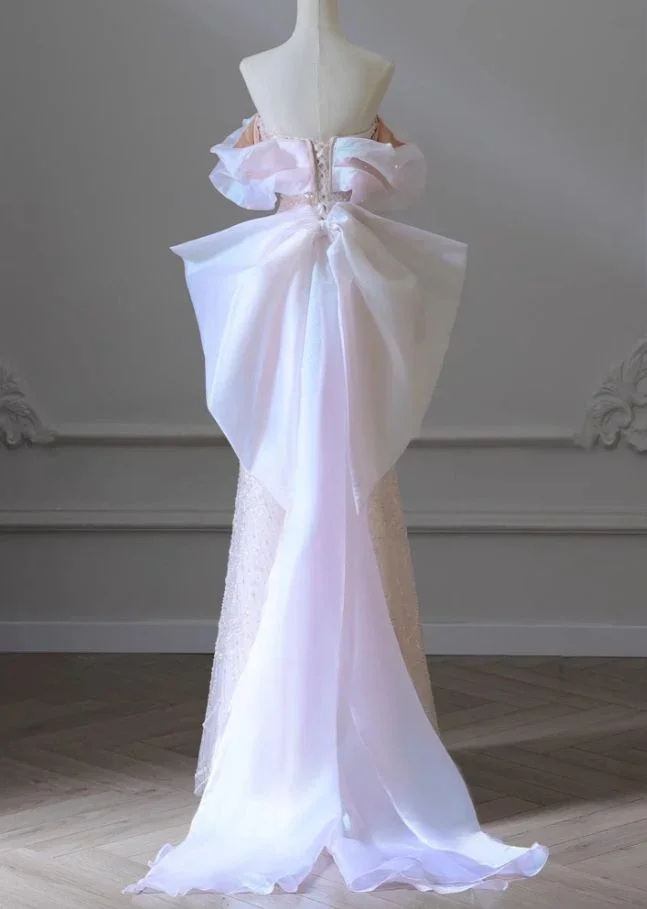 Pink A-Line Off-Shoulder Tulle Sequins Beaded Long Prom Dress Formal Evening Dress Y8050 - Image 3