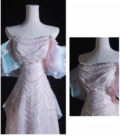Pink A-Line Off-Shoulder Tulle Sequins Beaded Long Prom Dress Formal Evening Dress Y8050 - Image 4
