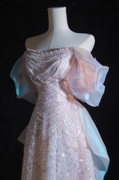 Pink A-Line Off-Shoulder Tulle Sequins Beaded Long Prom Dress Formal Evening Dress Y8050 - Image 5