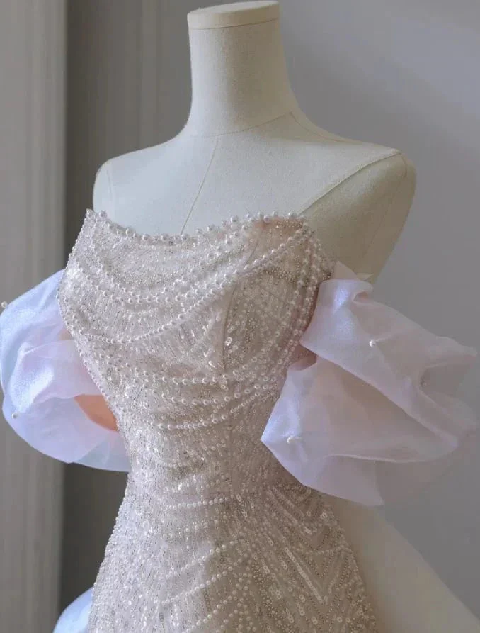 Pink A-Line Off-Shoulder Tulle Sequins Beaded Long Prom Dress Formal Evening Dress Y8050 - Image 6