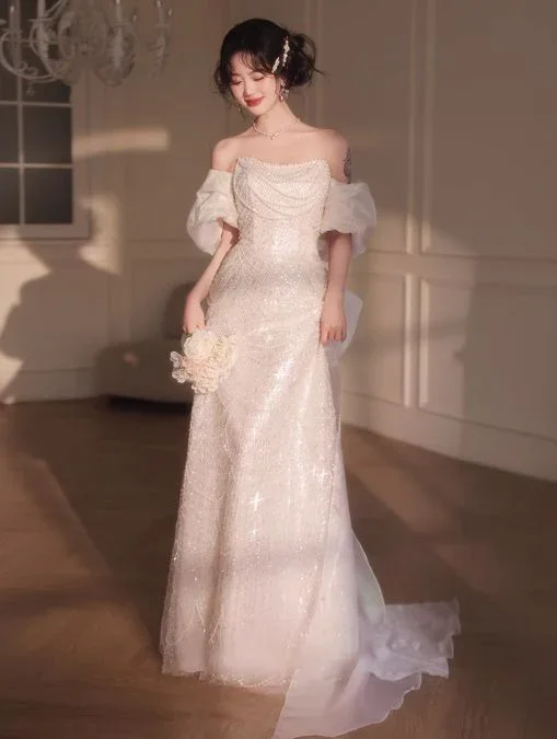 Pink A-Line Off-Shoulder Tulle Sequins Beaded Long Prom Dress Formal Evening Dress Y8050 - Image 9