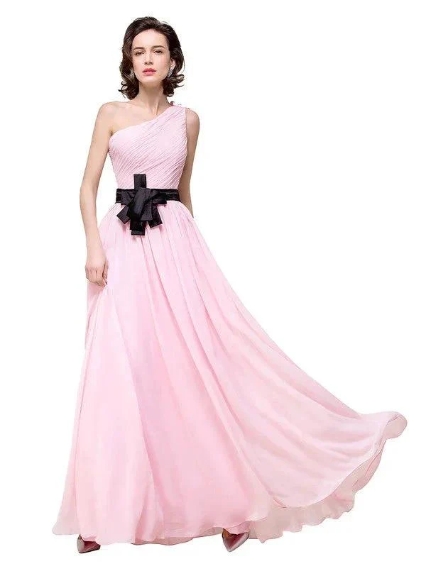 Pink A-line One-shoulder Ruffle Chiffon Bridesmaid Dresses - Image 3