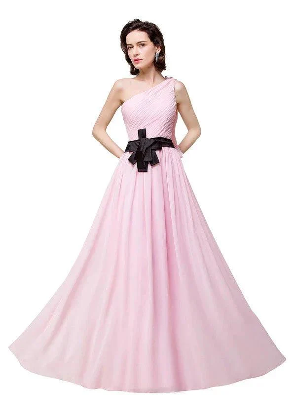 Pink A-line One-shoulder Ruffle Chiffon Bridesmaid Dresses - Image 4