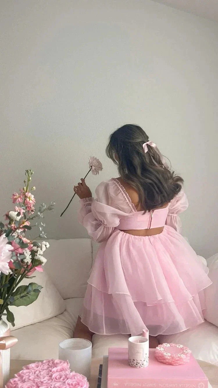 Pink A-line Puffy Dress Pink Homecoming Dress Y2428 - Image 4