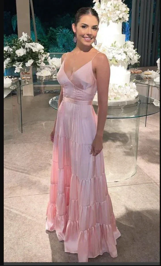 Pink A-line Spaghetti Straps V-neck Maxi Long Prom Dresses Evening Dresses Y5104 - Image 2