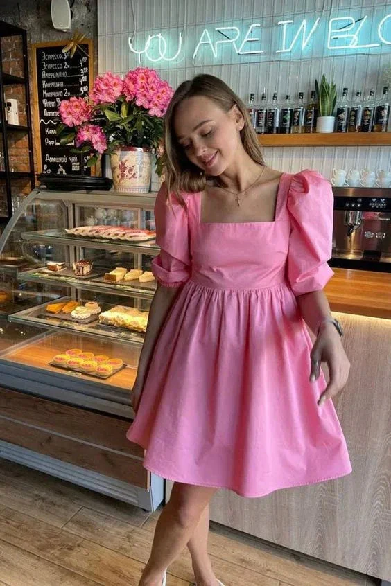 Pink A-line Square Neckline Party Dress Pink Puff Sleeves Homecoming Dress Y7174 - Image 2