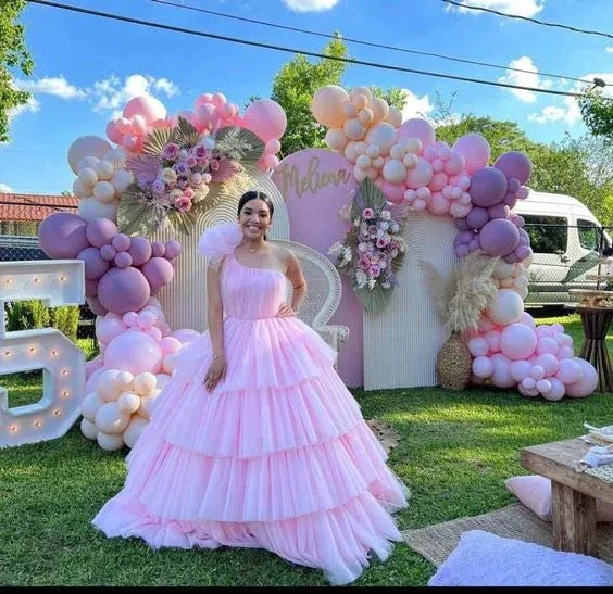 Pink A-line Tiered Tulle Ball Gown,Pink Sweet 16 Dress Y6957 - Image 2