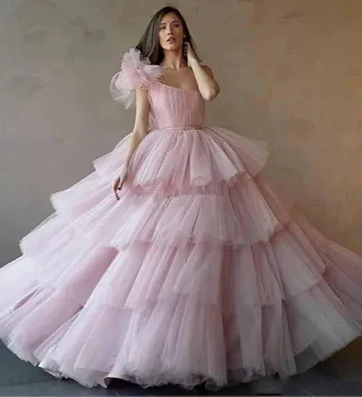 Pink A-line Tiered Tulle Ball Gown,Pink Sweet 16 Dress Y6957 - Image 3