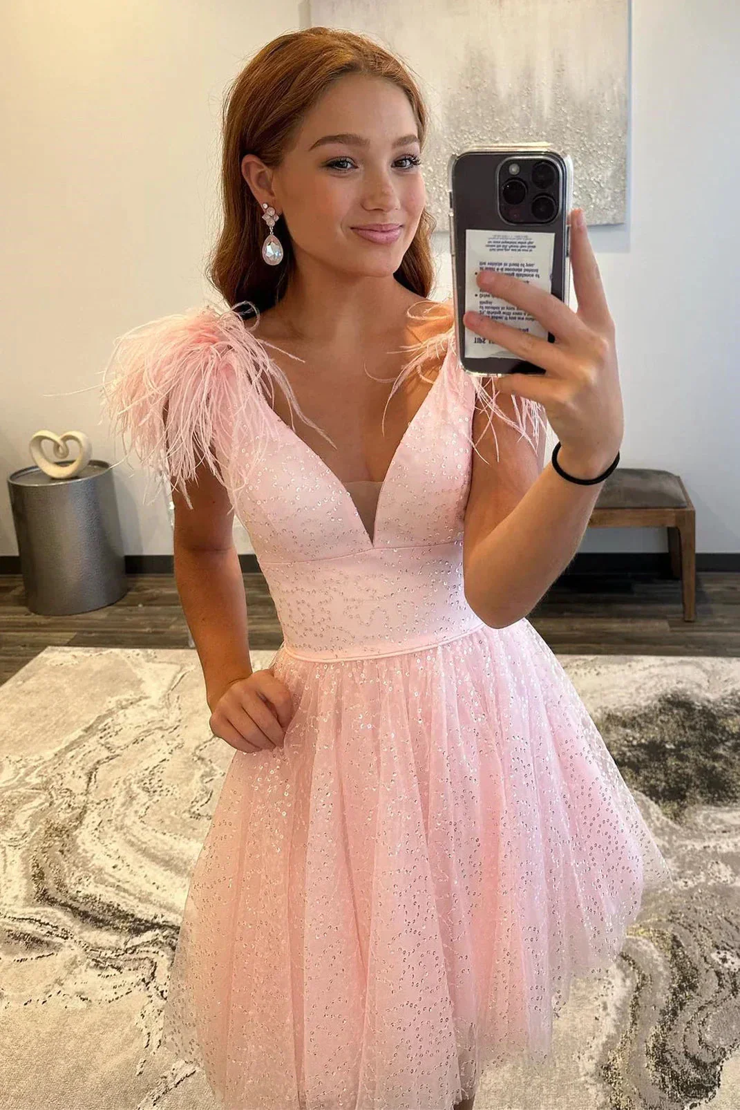 Pink A-line Tulle Deep V Neck Beaded Homecoming Dress with Feathers Y2863 - Image 2