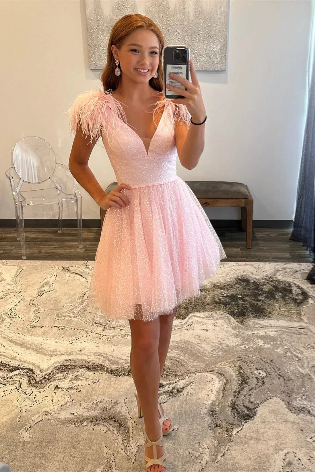 Pink A-line Tulle Deep V Neck Beaded Homecoming Dress with Feathers Y2863 - Image 3