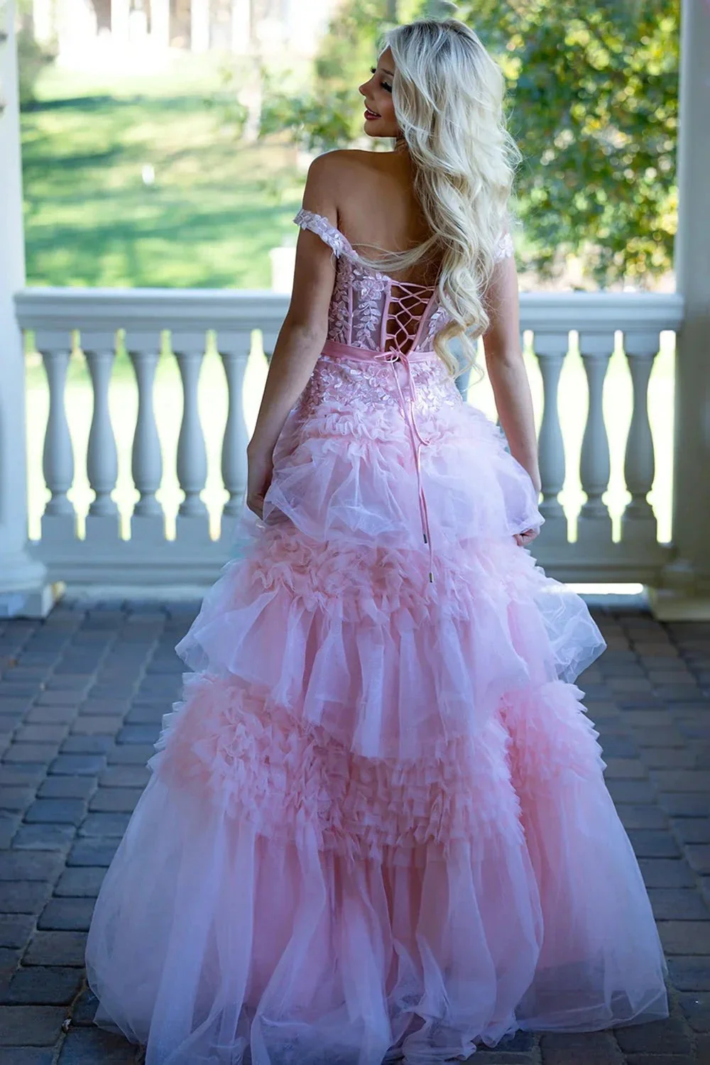 Pink A Line Tulle Ruffles Off the Shoulder Long Prom Dresses with Bow - Image 2
