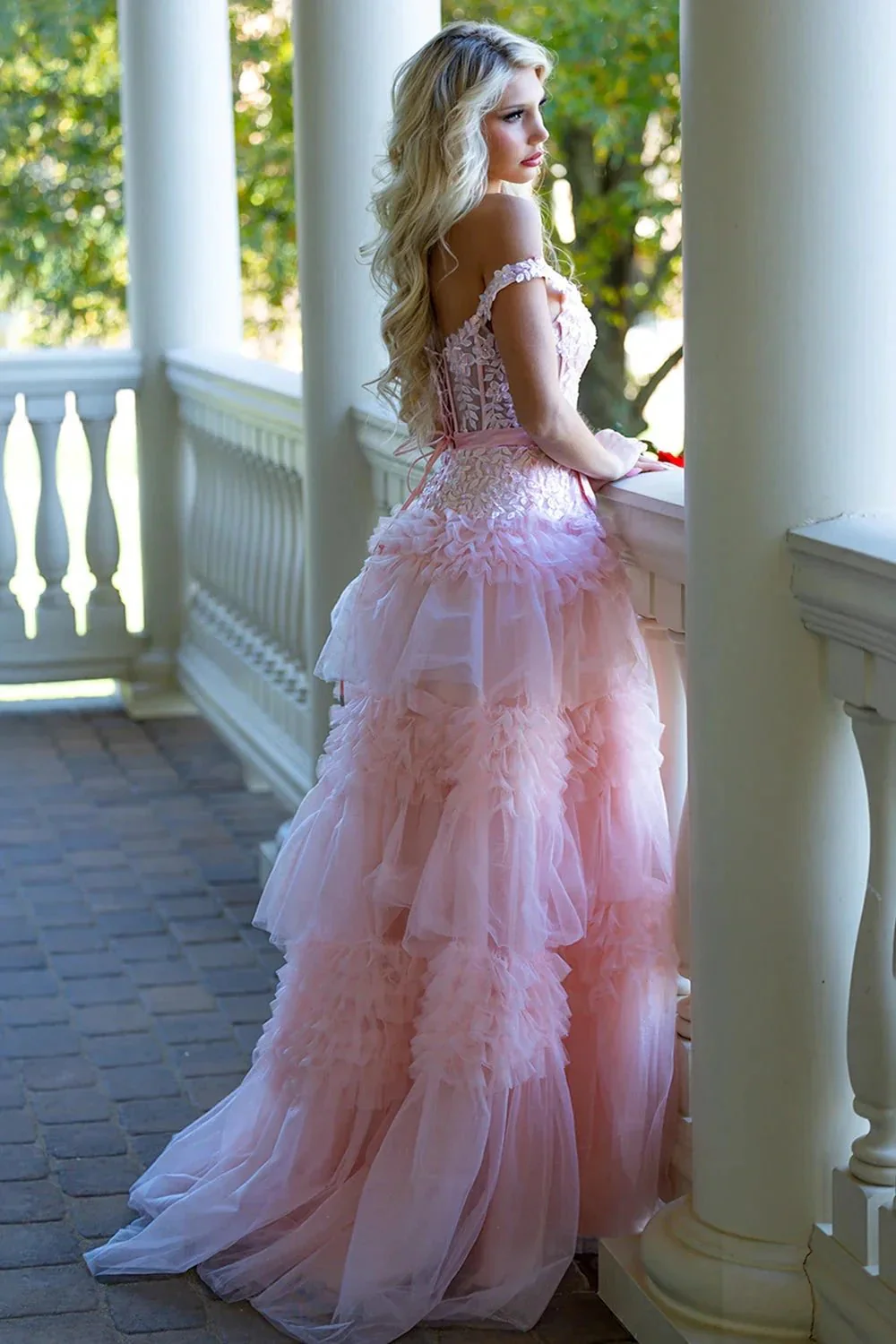Pink A Line Tulle Ruffles Off the Shoulder Long Prom Dresses with Bow - Image 3