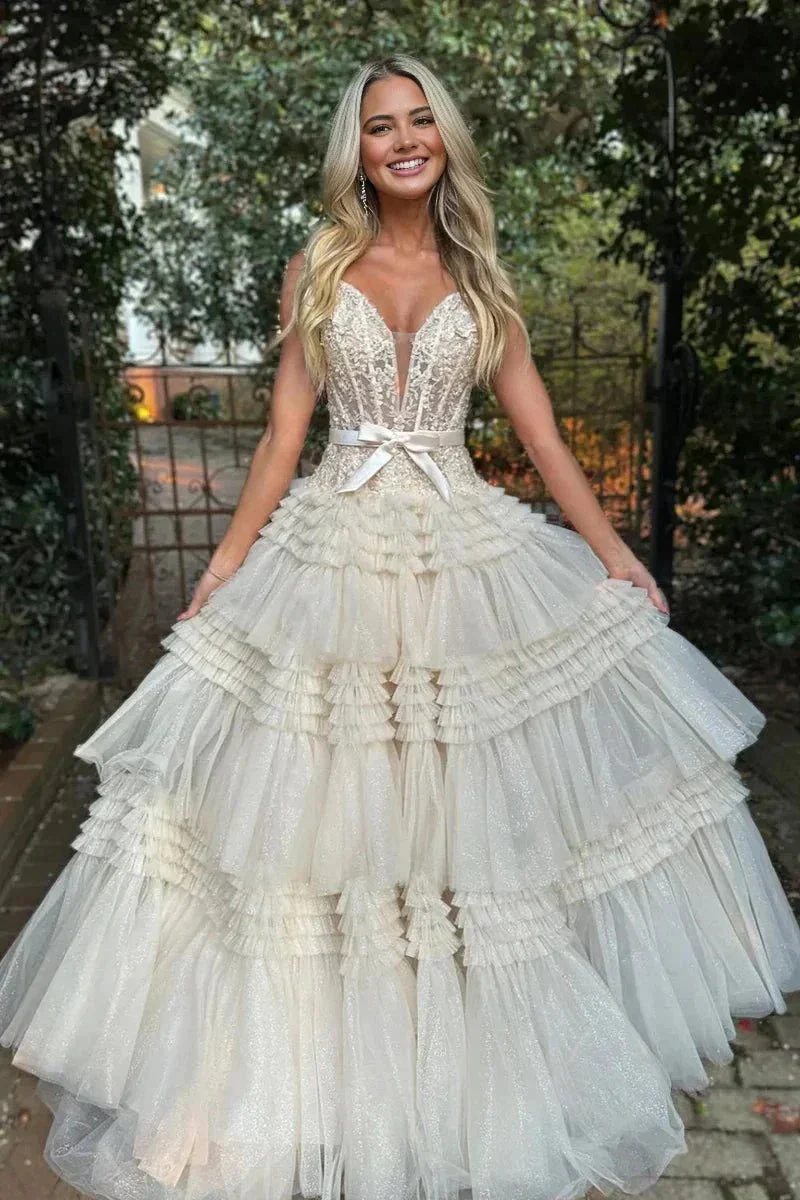 Pink A Line Tulle Ruffles Off the Shoulder Long Prom Dresses with Bow - Image 4