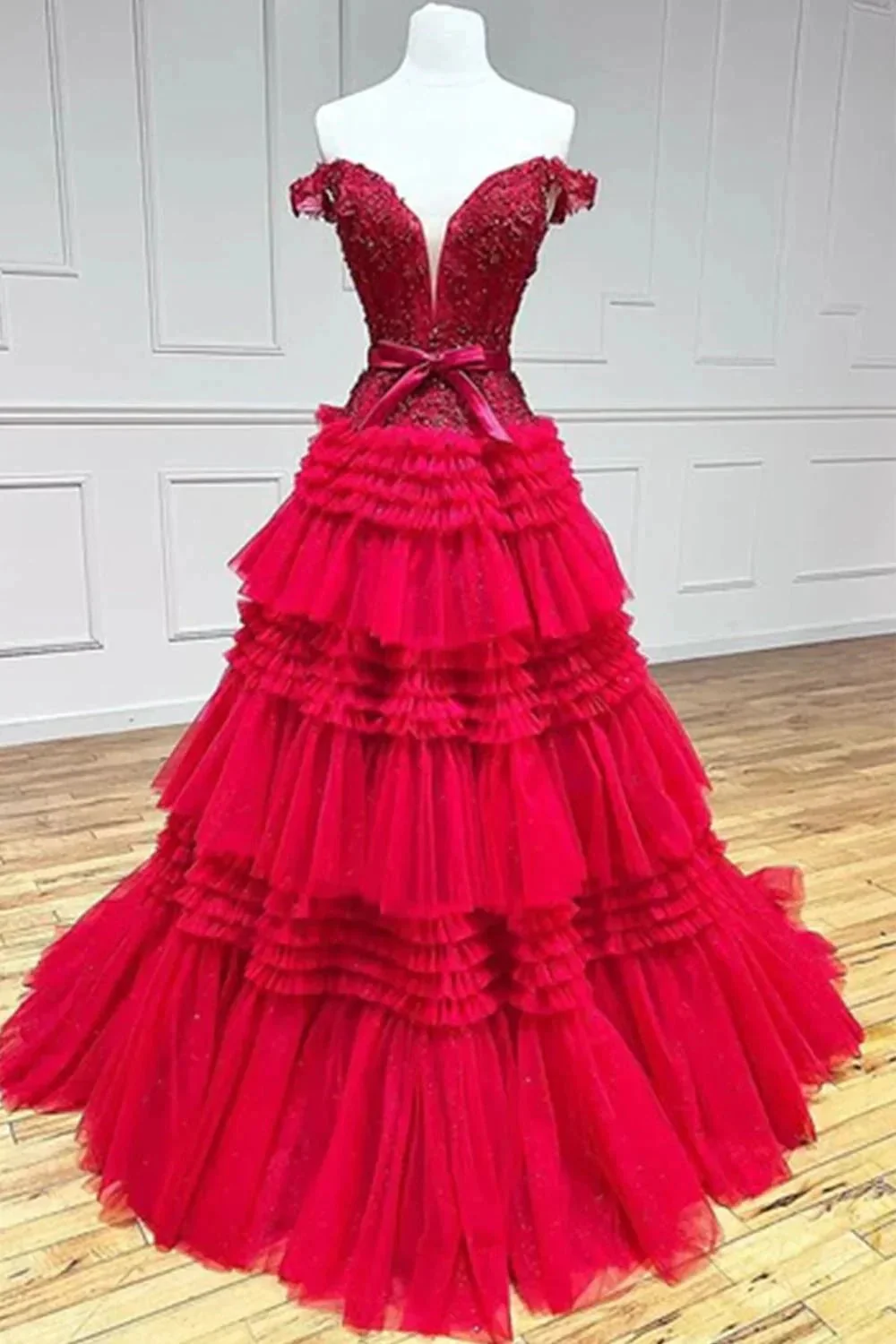 Pink A Line Tulle Ruffles Off the Shoulder Long Prom Dresses with Bow - Image 6
