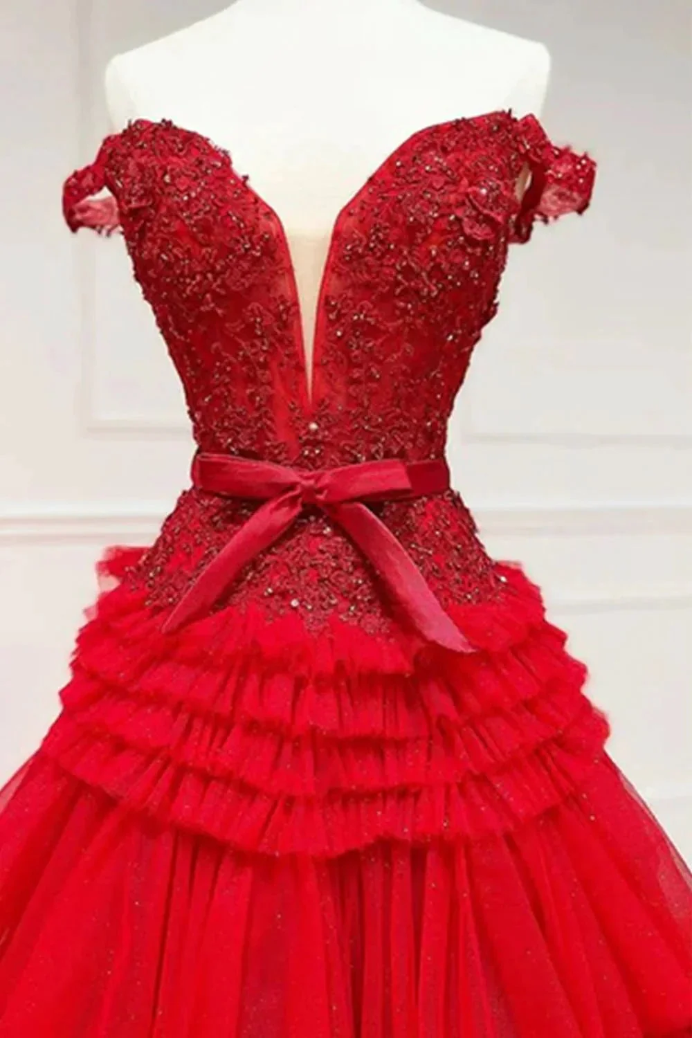Pink A Line Tulle Ruffles Off the Shoulder Long Prom Dresses with Bow - Image 7