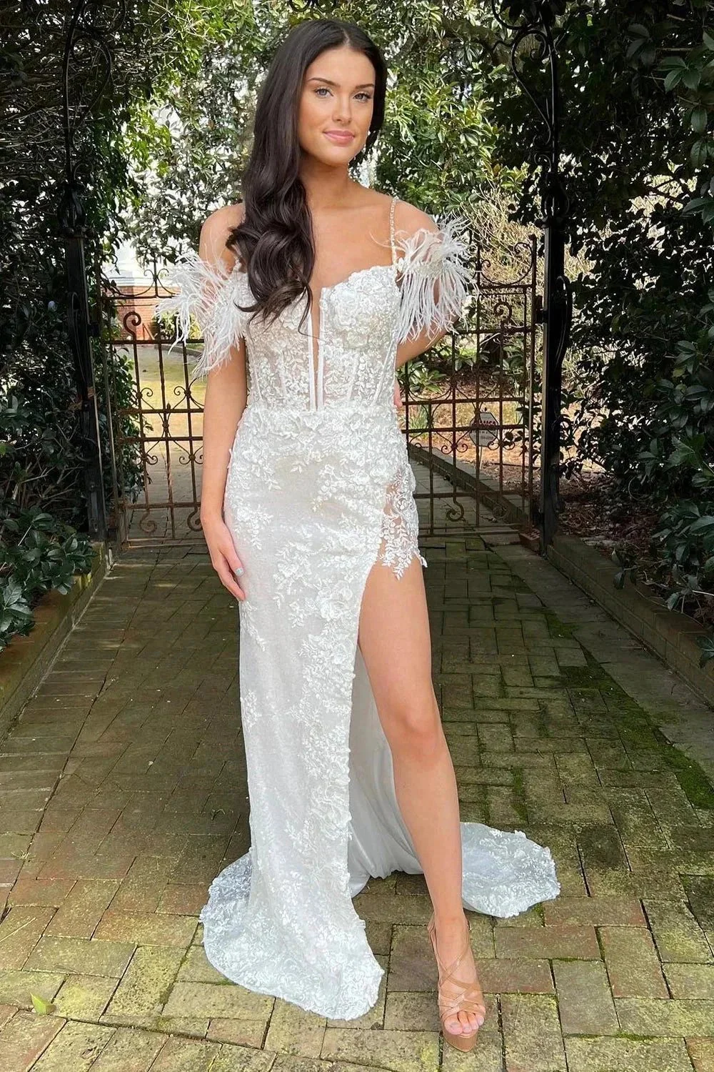 Pink Appliques Mermaid Split Prom Dress with Feathers  PSK498 - Image 3