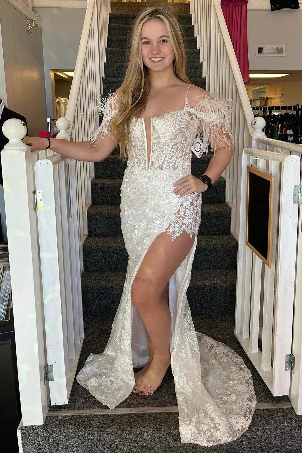 Pink Appliques Mermaid Split Prom Dress with Feathers  PSK498 - Image 4