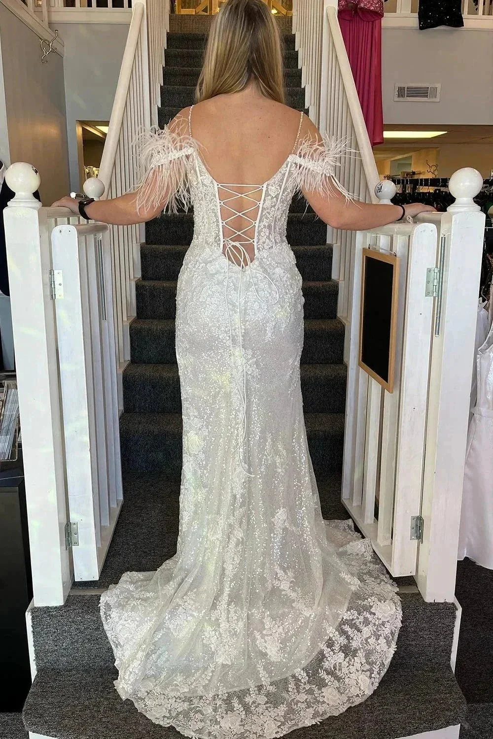 Pink Appliques Mermaid Split Prom Dress with Feathers  PSK498 - Image 5