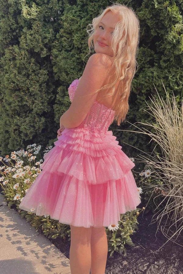 Appliques Strapless A-line Multi-Layers Pink Homecoming Dress PD502 - Image 2