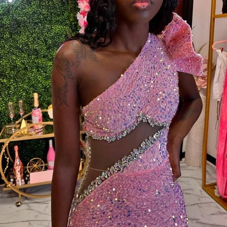 Pink Beaded Sequins Evening Dress One Shoulder Mermaid Prom Dress Y6681 - Image 2