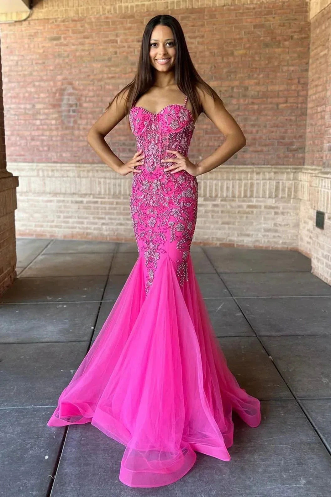 Oakleigh | Pink Beaded Spaghetti Strap Trumpet Long Gown - Image 2