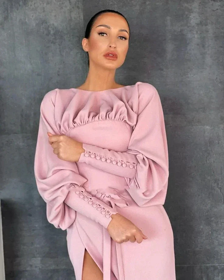 Pink Boat Neck Prom Dress Long Sleeves High Slit Satin Evening Dress Buttoned Cuffs Sheath Formal Party Dress Y4875 - Image 2