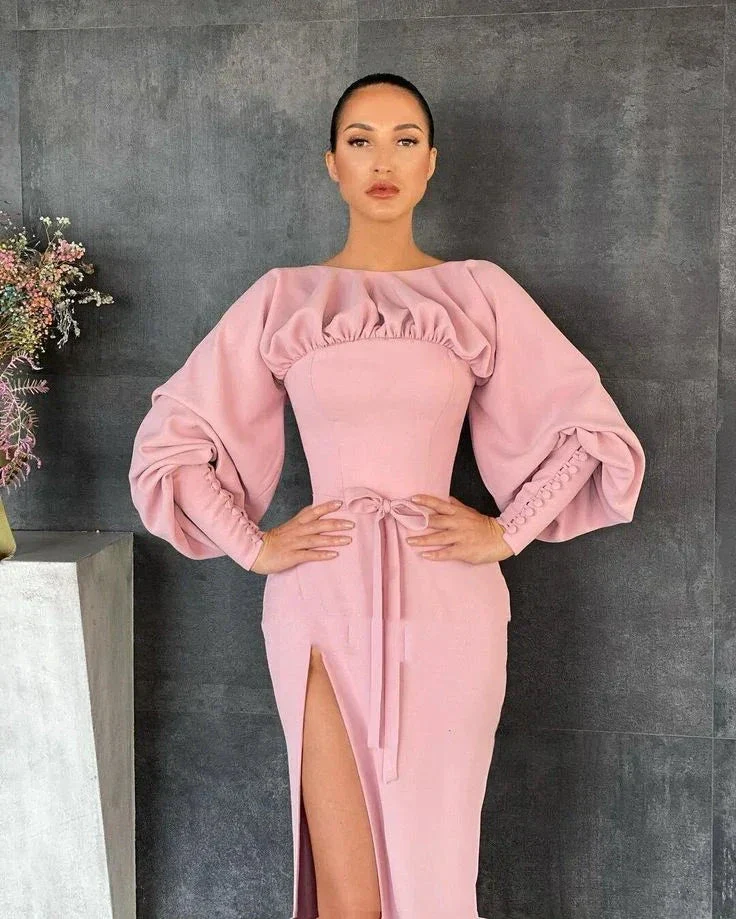 Pink Boat Neck Prom Dress Long Sleeves High Slit Satin Evening Dress Buttoned Cuffs Sheath Formal Party Dress Y4875 - Image 3