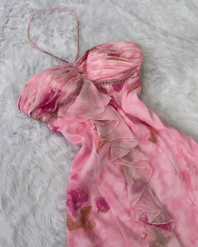 Pink Chiffon Print Floral Ruffle Evening Dress Halter Mermaid Prom Dress Y8306 - Image 2