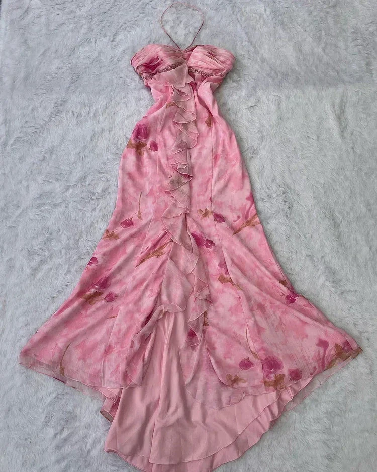 Pink Chiffon Print Floral Ruffle Evening Dress Halter Mermaid Prom Dress Y8306 - Image 3