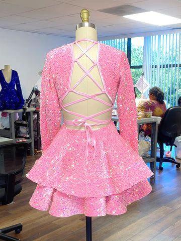 Pink Cocktail Dresses Women's A-Line V-Neck Long Sleeve Homecoming Dress Y788 - Image 2