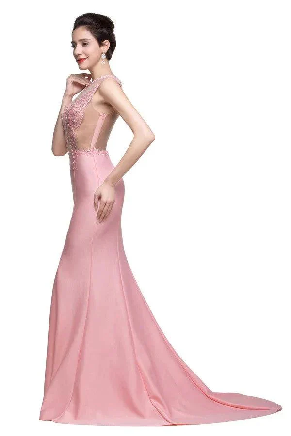 Pink Crew Sweep-length Mermaid Prom Dresses With Imitation Pearls - Image 2