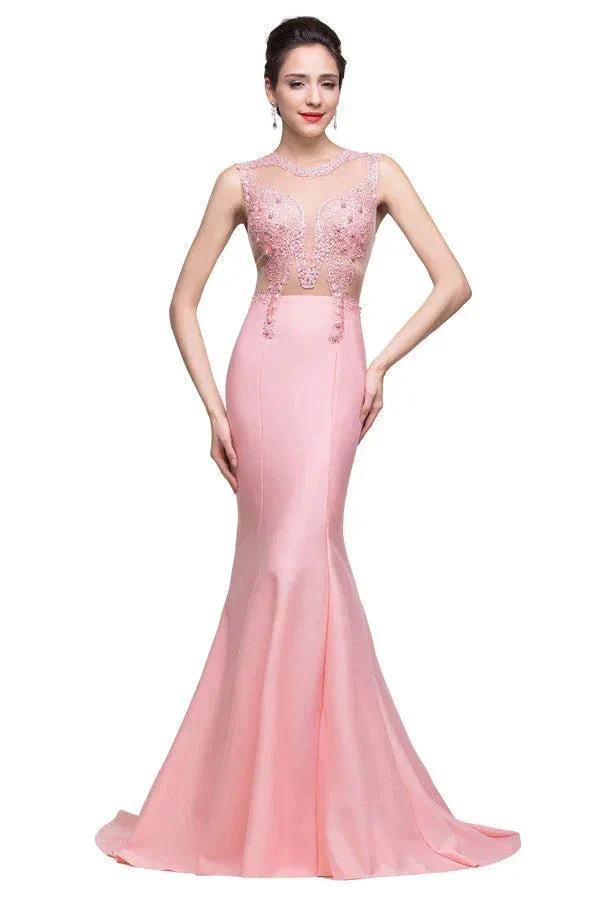 Pink Crew Sweep-length Mermaid Prom Dresses With Imitation Pearls - Image 3