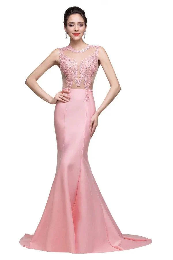 Pink Crew Sweep-length Mermaid Prom Dresses With Imitation Pearls - Image 4