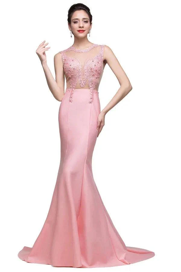 Pink Crew Sweep-length Mermaid Prom Dresses With Imitation Pearls - Image 5