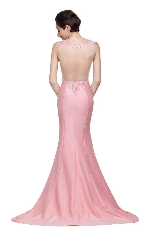 Pink Crew Sweep-length Mermaid Prom Dresses With Imitation Pearls - Image 6