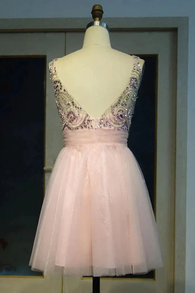 Pink Crystal Beading A-line Short Scoop Sleeveless Prom Dresses - Image 2