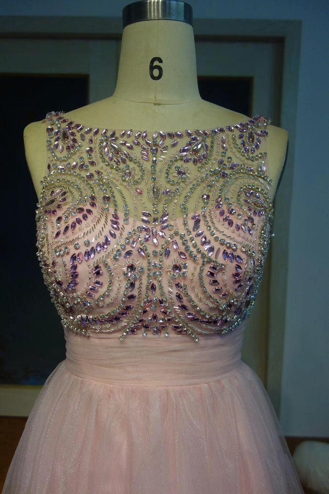 Pink Crystal Beading A-line Short Scoop Sleeveless Prom Dresses - Image 3