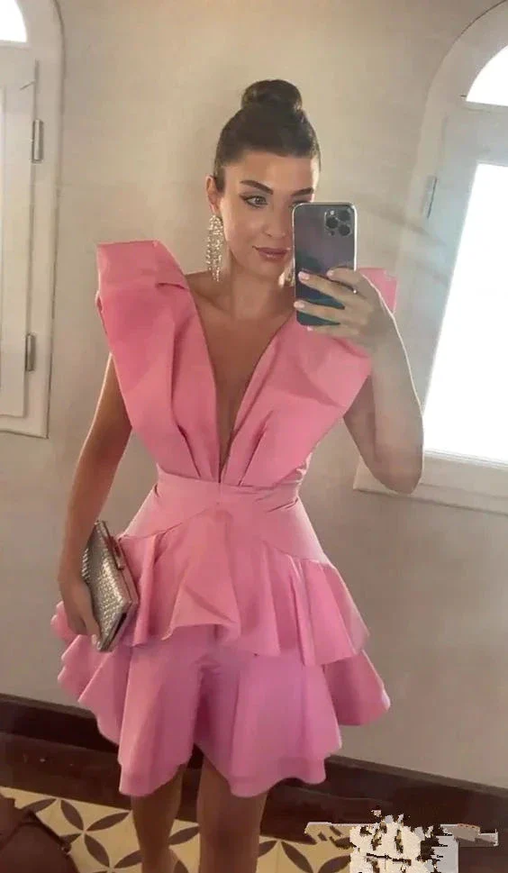 Pink Deep V Neck Homecoming Dress Pink Party Dress Y2469 - Image 2