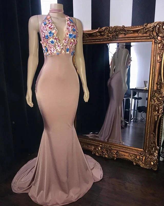 Pink Flowers Appliques Mermaid Long Prom Dresses Glamorous Sleeveless V-Neck Evening Gowns - Image 2
