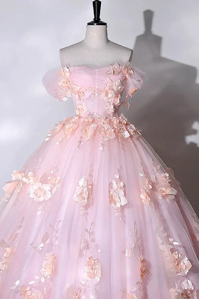 Pink Flowers Sweetheart Ball Gown Formal Dresses, Pink Long Sweet 16 Dresses Y6951 - Image 2