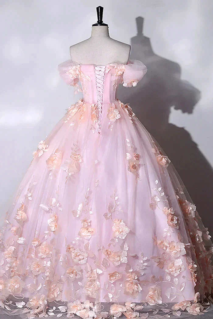 Pink Flowers Sweetheart Ball Gown Formal Dresses, Pink Long Sweet 16 Dresses Y6951 - Image 3