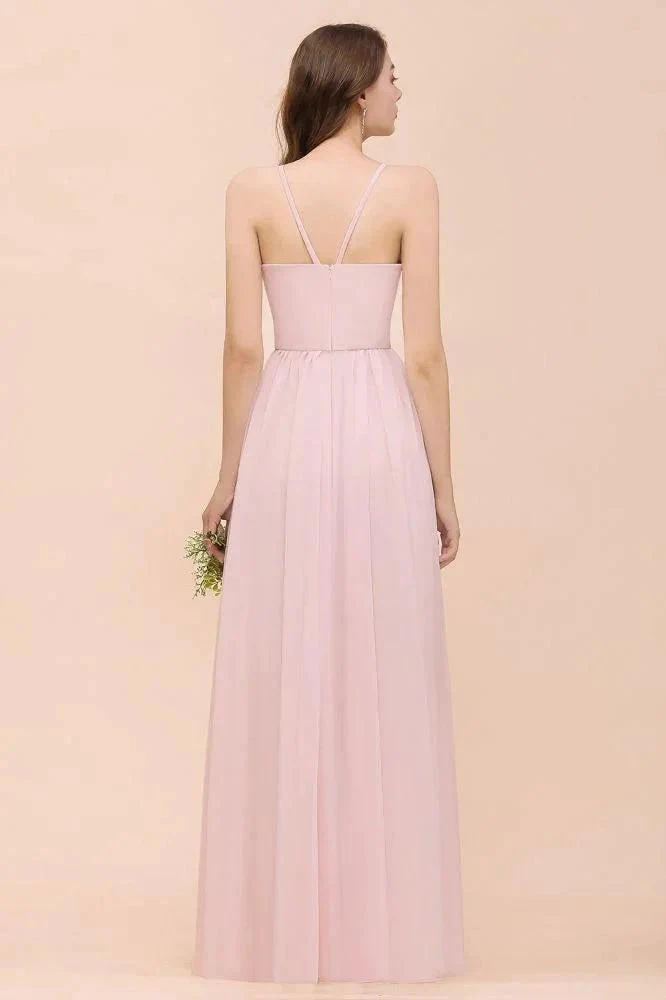 Pink Girls Bridesmaid Dress Halter Floor Length Chiffon Beach Wedding Party Dress - Image 2