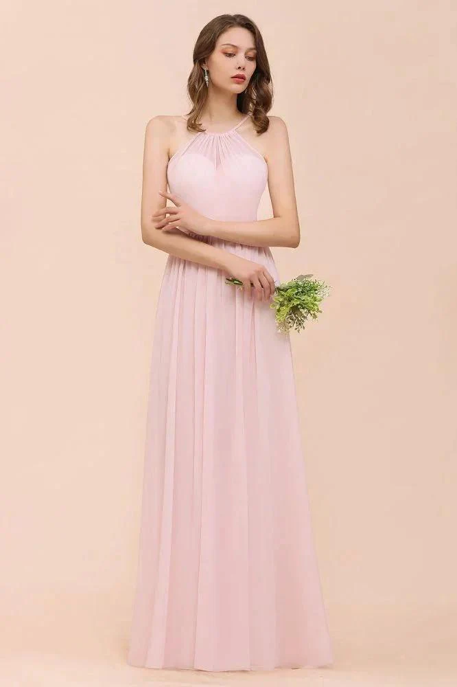 Pink Girls Bridesmaid Dress Halter Floor Length Chiffon Beach Wedding Party Dress - Image 3