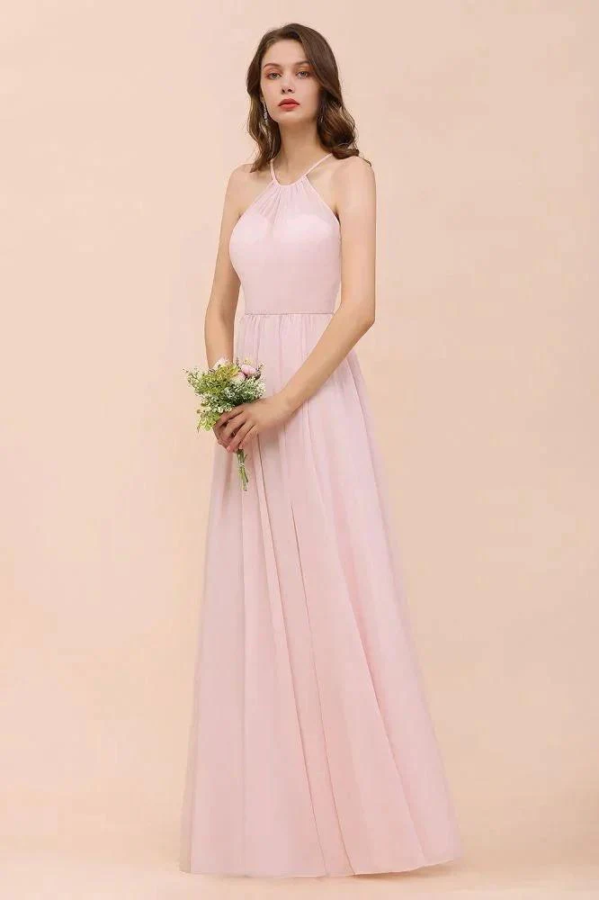 Pink Girls Bridesmaid Dress Halter Floor Length Chiffon Beach Wedding Party Dress - Image 4