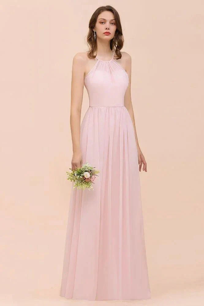 Pink Girls Bridesmaid Dress Halter Floor Length Chiffon Beach Wedding Party Dress - Image 5
