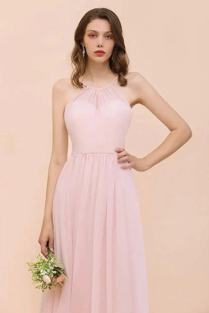 Pink Girls Bridesmaid Dress Halter Floor Length Chiffon Beach Wedding Party Dress - Image 6