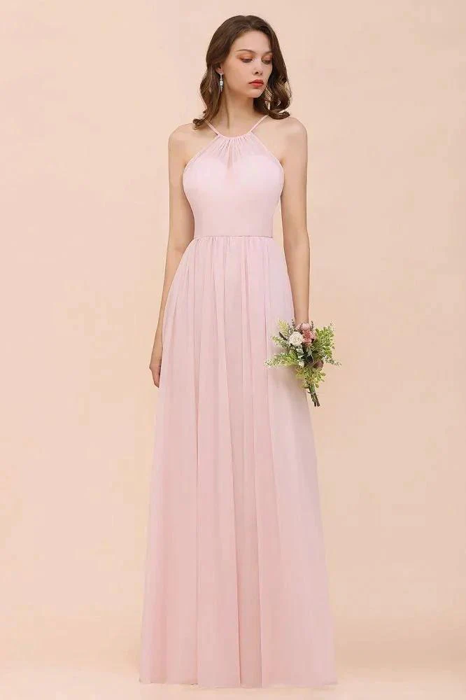 Pink Girls Bridesmaid Dress Halter Floor Length Chiffon Beach Wedding Party Dress - Image 7