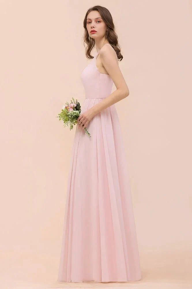 Pink Girls Bridesmaid Dress Halter Floor Length Chiffon Beach Wedding Party Dress - Image 8